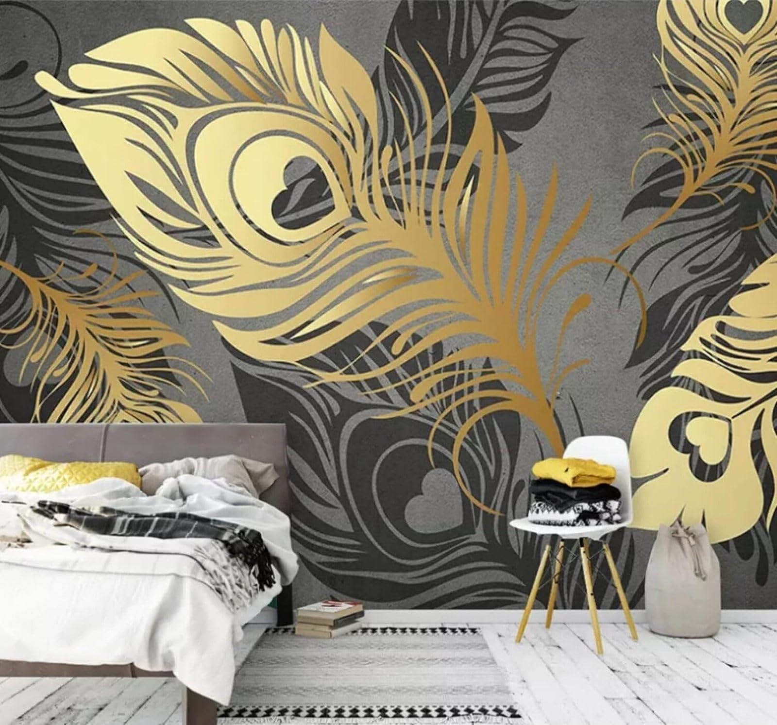 XLMING Abstract Light Luxury Gold Feathers Art 3D Wallpaper Luxury Home Dining Decor Paste Sofa Living Room The Wall for Bedroom Mural-200cm×140cm