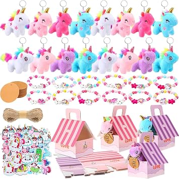 Remuuly 100 Pcs 16 Sets Unicorn Party Favor Mini Unicorn Stuffed Animals Bulk Plush Keychains Bracelet Gift Box Sticker for Adopt an Animals Favors Birthday Goodie Bag Supplies Fillers Stuffers