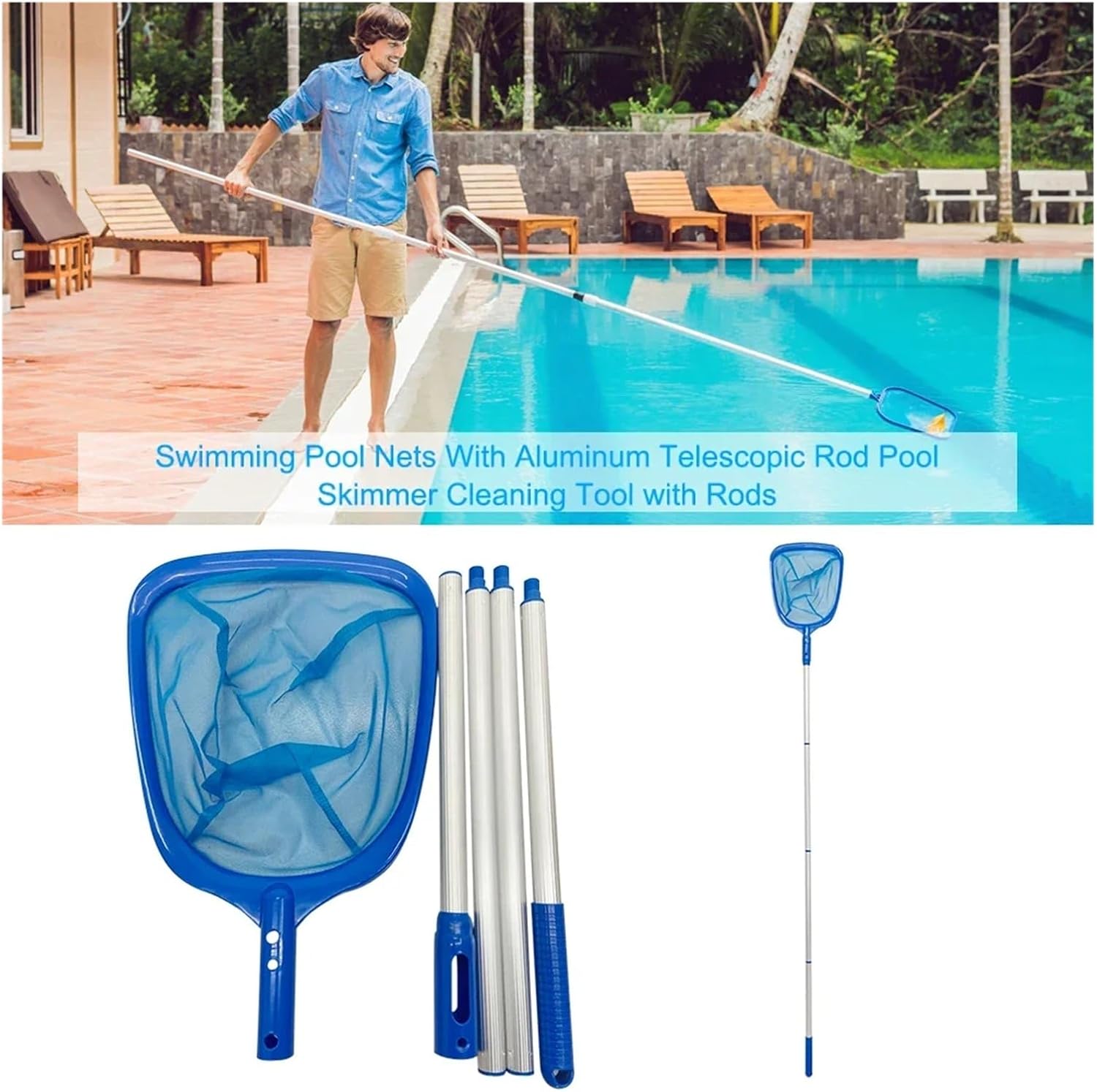 Telescopic Swimming Pool Leaf Skimmer Net, Detachable Durable Multifunctional Debris Cleaning Tool Accessories for Pool Spa Pond(Fishing Barrel Rod)
