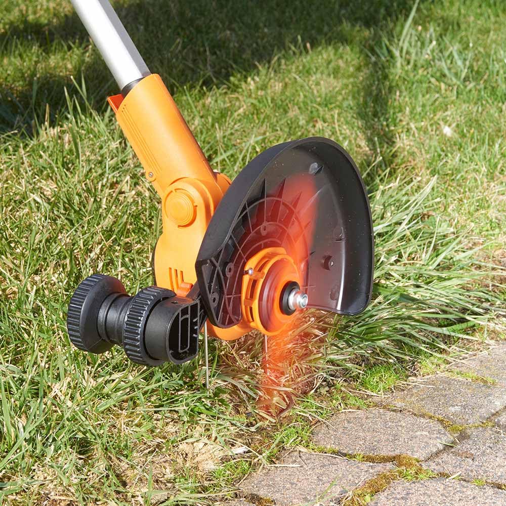 Desbrozadora con batería con guía, cortador de bordes ligero con mango telescópico, incluye 20 cuchillas de plástico y 2 barras de corte para un cuidado preciso del césped