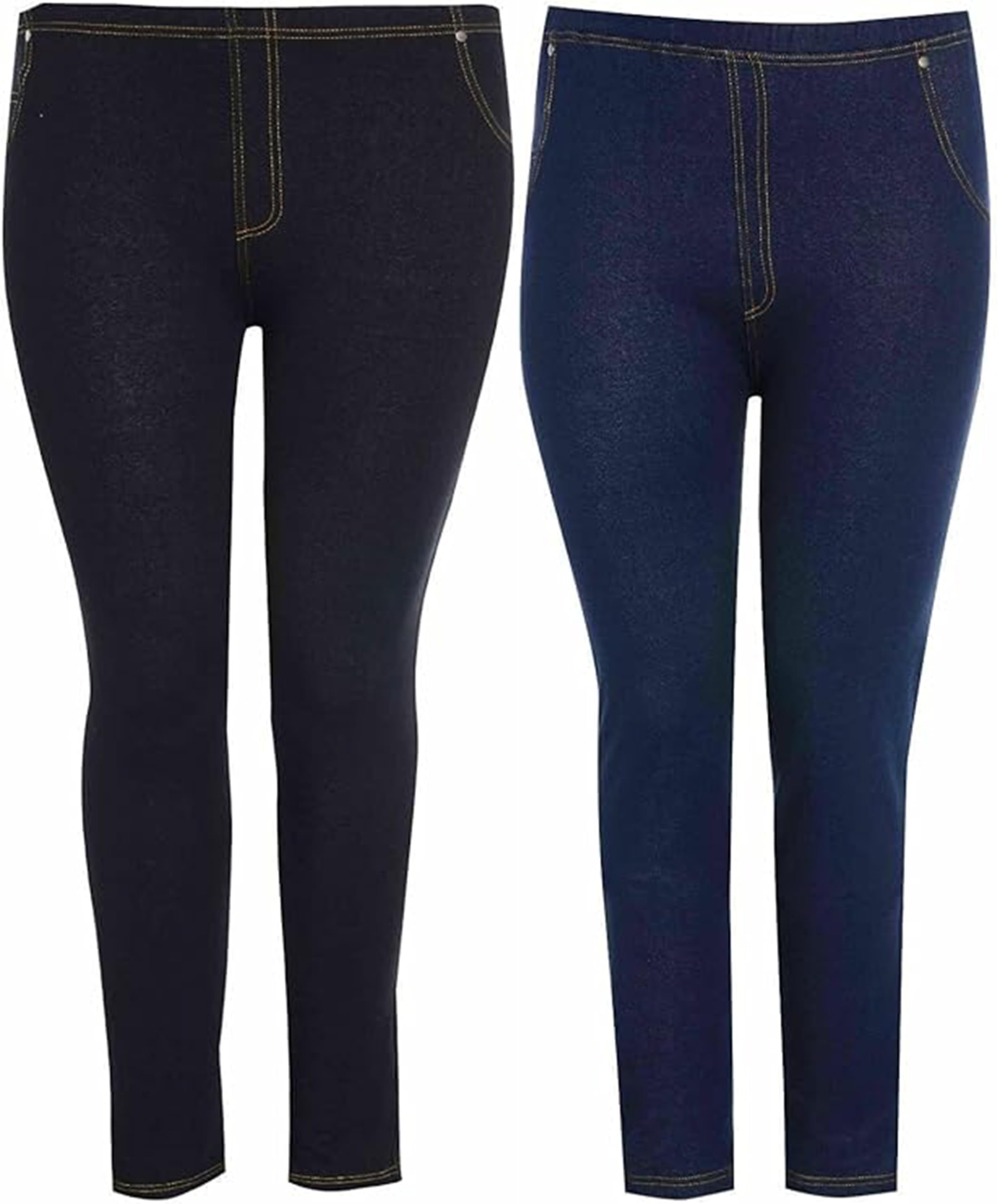 Ploutos - Ladies Pack of 2 Stretchy Denim Look Skinny Jeggings Leggings Plus Size 8-26 UK (Black & Blue, 10)