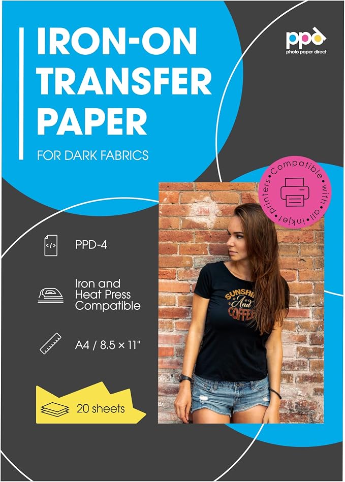 PPD 50 Feuilles A4 Papier Transfert Tee-Shirt Noirs Foncés - Thermocollant Jet D'Encre Personnalisable PPD-4-50