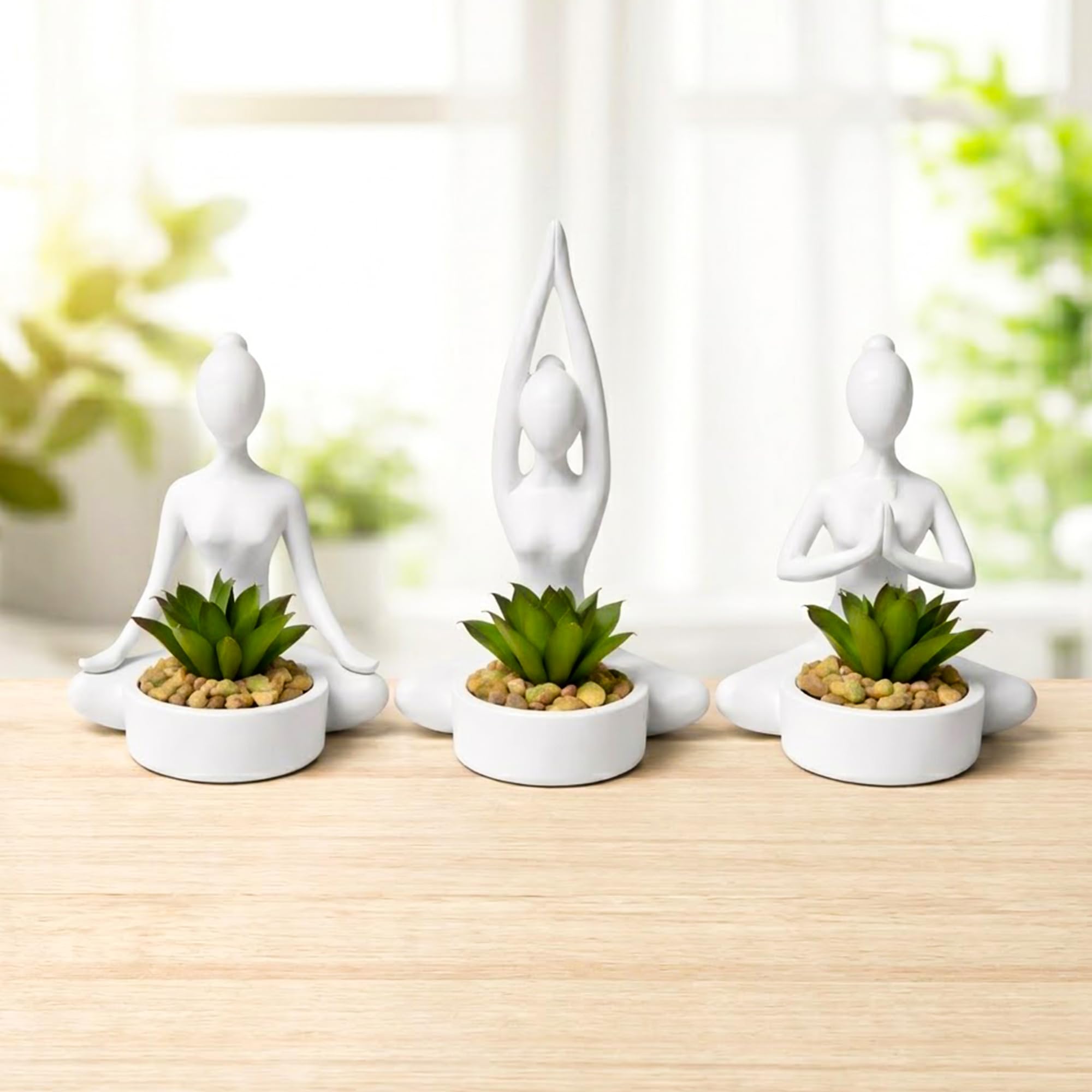 VR ANGEL Set of 3 White Yoga Figurine Plant Pots with Artificial Succulents Mini Meditation Plant Holders Modern Black Indoor Plant Decor for Home Office Desk Shelf Zen Decoration