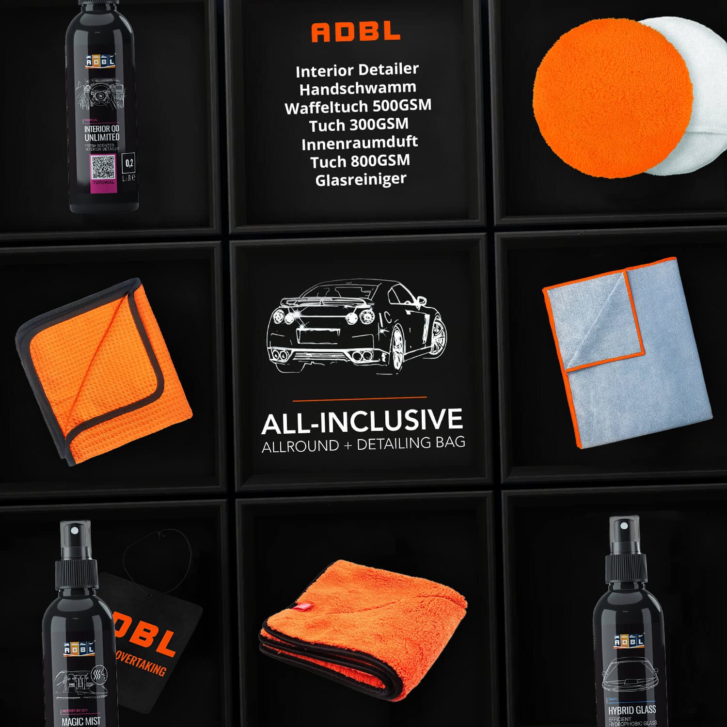 Exterior Interior Sample Set - Umfangreiches ADBL Autopflegeset für Innen und Außen mit Tasche | 15-teilig