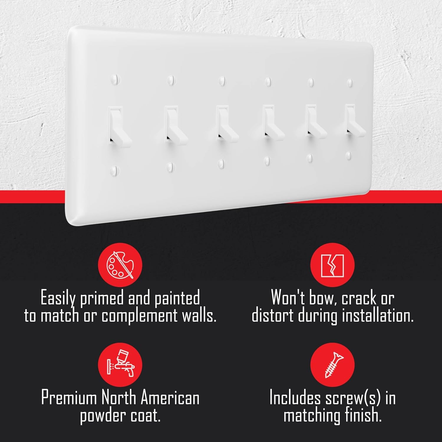 TayMac WRW-6T White Smooth 6-Gang Metal Maxi 6-Toggle Wall Plate WRW-6T, Outlet Cover Wall Plate with Screws, Light Switch Cover Plate for 6 Devices