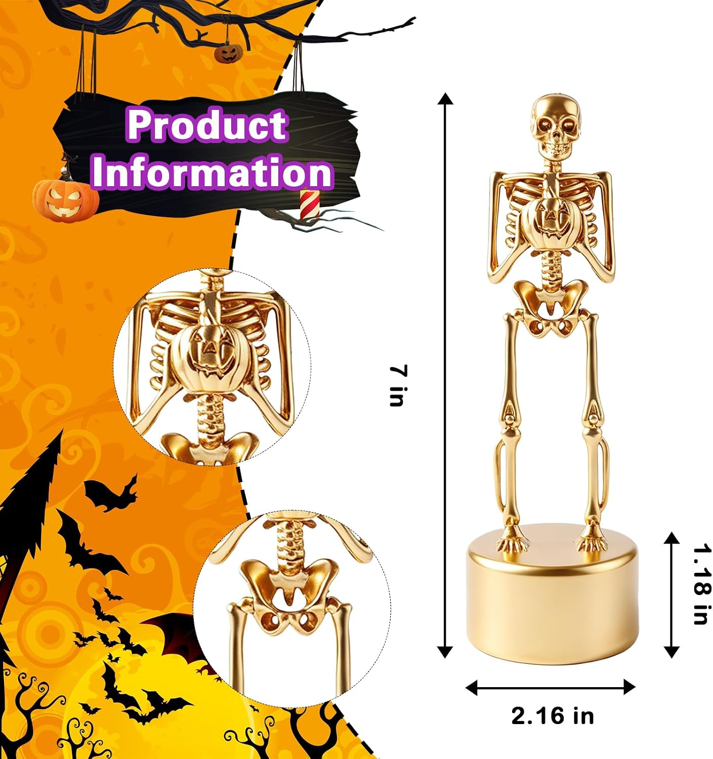 6 Pack Golden Best Costume Skeleton Trophy, Plastic Halloween Skull Costume Contest Tropies for Party Favors Decor Goodie Bag Fillers Trick or Treat Supplies（Pumpkin）