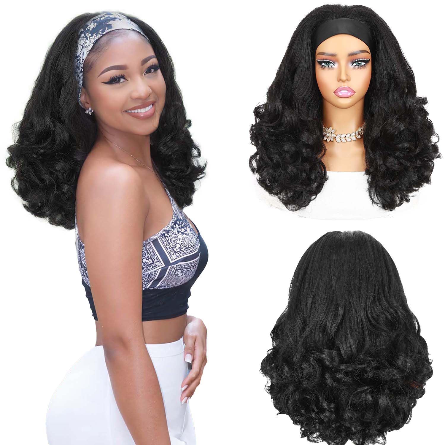 Quantum Love Yaki Curly Headband Wigs for Black Women - Kinky Straight Black Headband Curly Ends Synthetic Wear and Go Glueless Half Wig with Headbands Attached