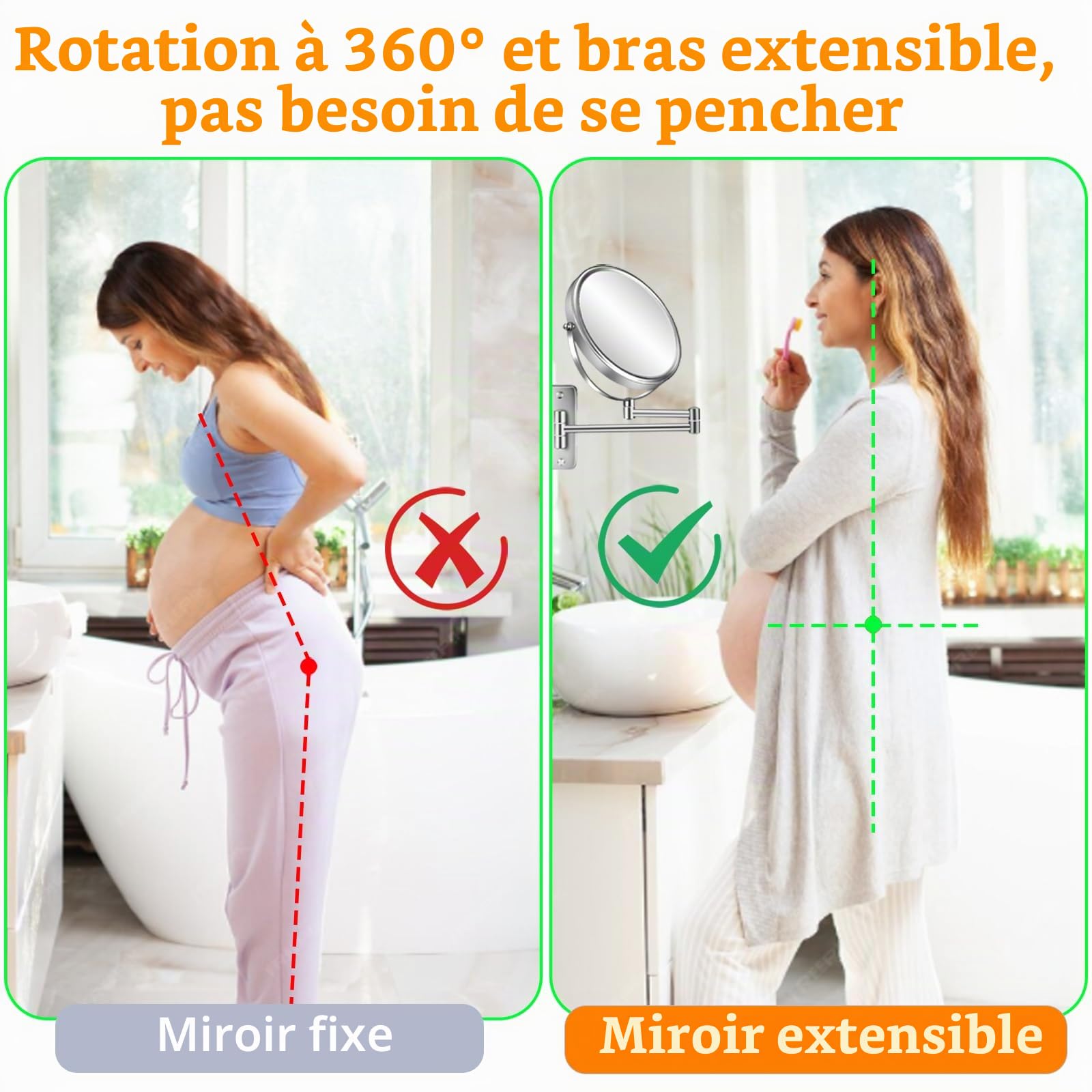 Miroir de maquillage grossissant 10X à fixation murale de 8" double face avec bras télescopique pivotant à 360° pour salle de bain et hôtel - Chrome