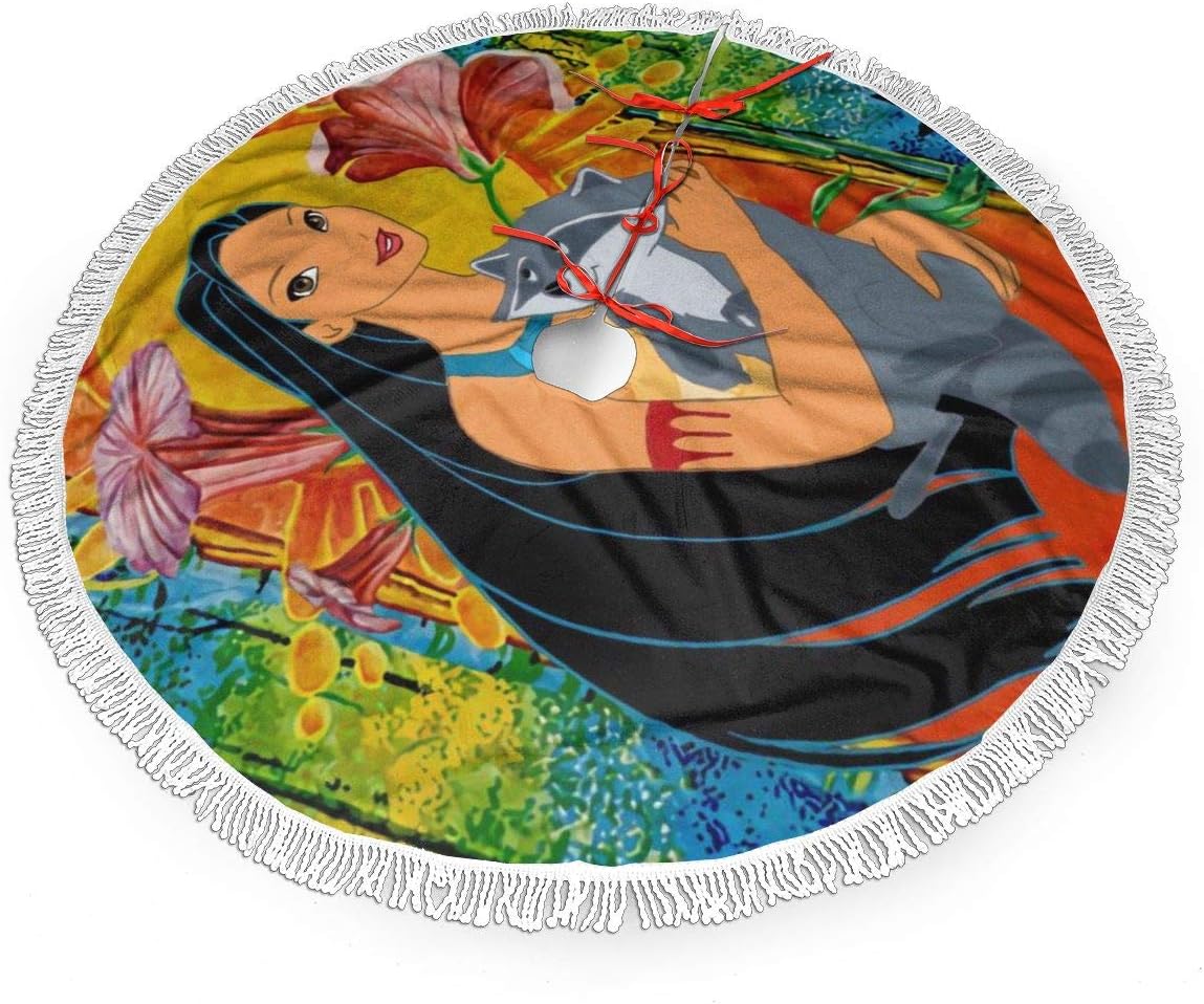 MERRYCHRIS Pocahontas and Meeko Christmas Tree Skirt Decorations Tassel Snowman Xmas Party Holiday New Year Christmas Ornaments Fringed Lace 30 Inch