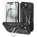 Maxdara for iPhone 15 Case, with Slide Camera Cover & Built-in Rotating Kickstand Ring & Front Glass Screen Protector Phone Case for iPhone 15 6.1 inch, Black