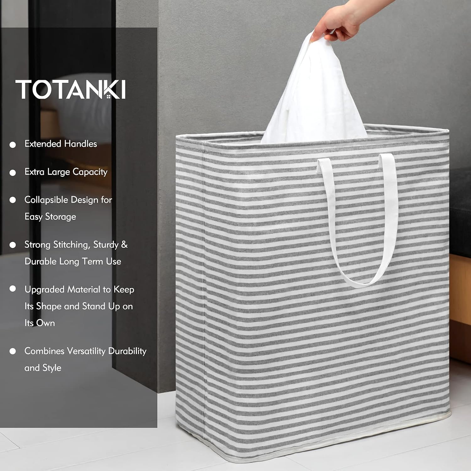 TOTANKI 100L Collapsible Large Laundry Basket Freestanding Laundry Hamper with Extended Handles,Waterproof Square Cube for Clothes,Toys(Grey Stripe, XL)
