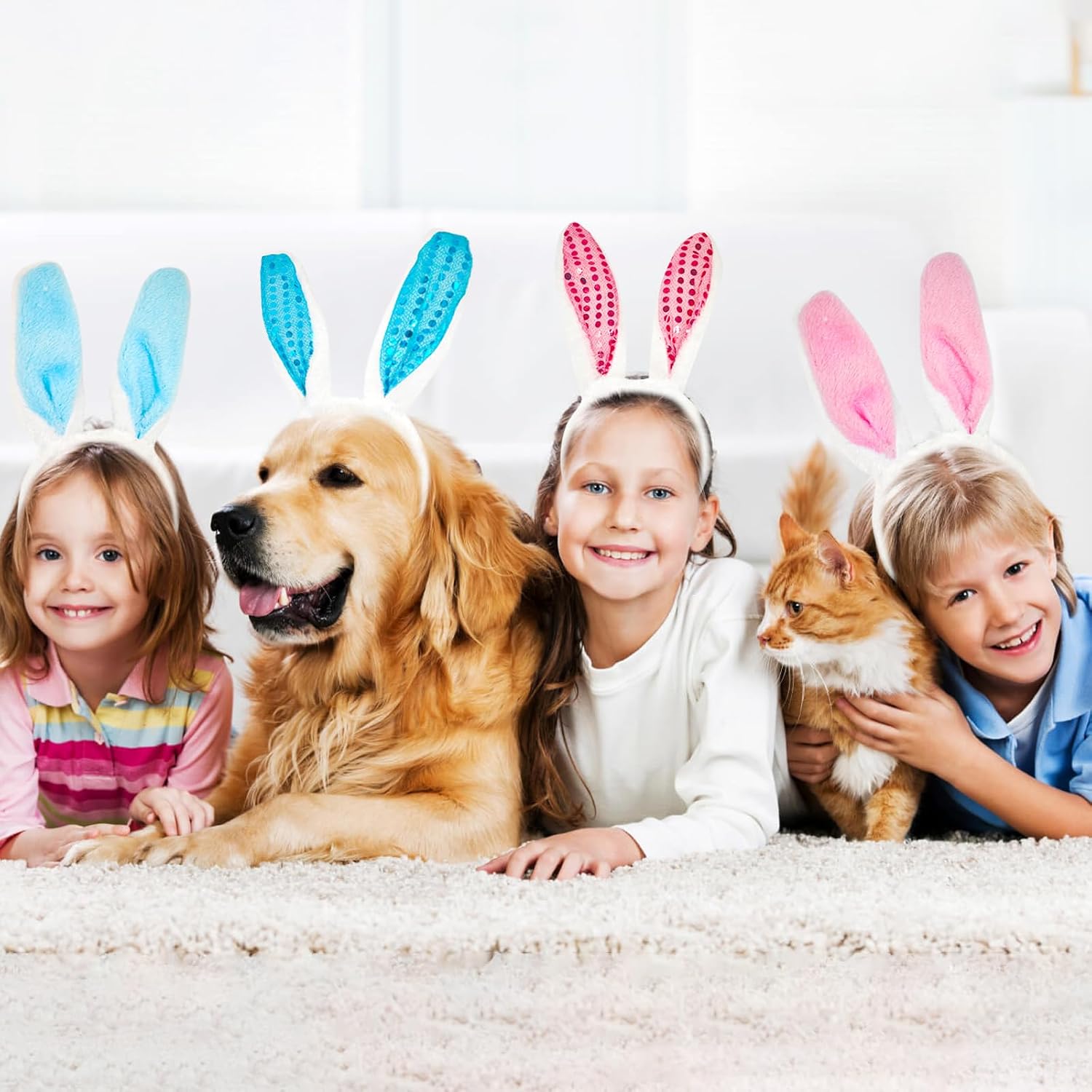 4Pcs Bunny Ear Headbands,Easter Rabbit Soft Plush Ears Head-Wears Colorful White Blue Pink Green Assorted Adult Kid Rabbit Hairbands Perfect For Women Girls Boys Men Easter Costume Party Favor Cosplay