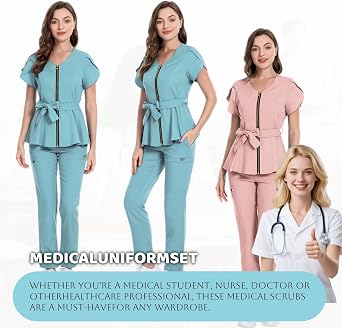 Scrubs Set,Nurse Uniform,Uniforms Women's Essential,Women's Medical Suit with Zipper,V-Neck Healthcare Scrub