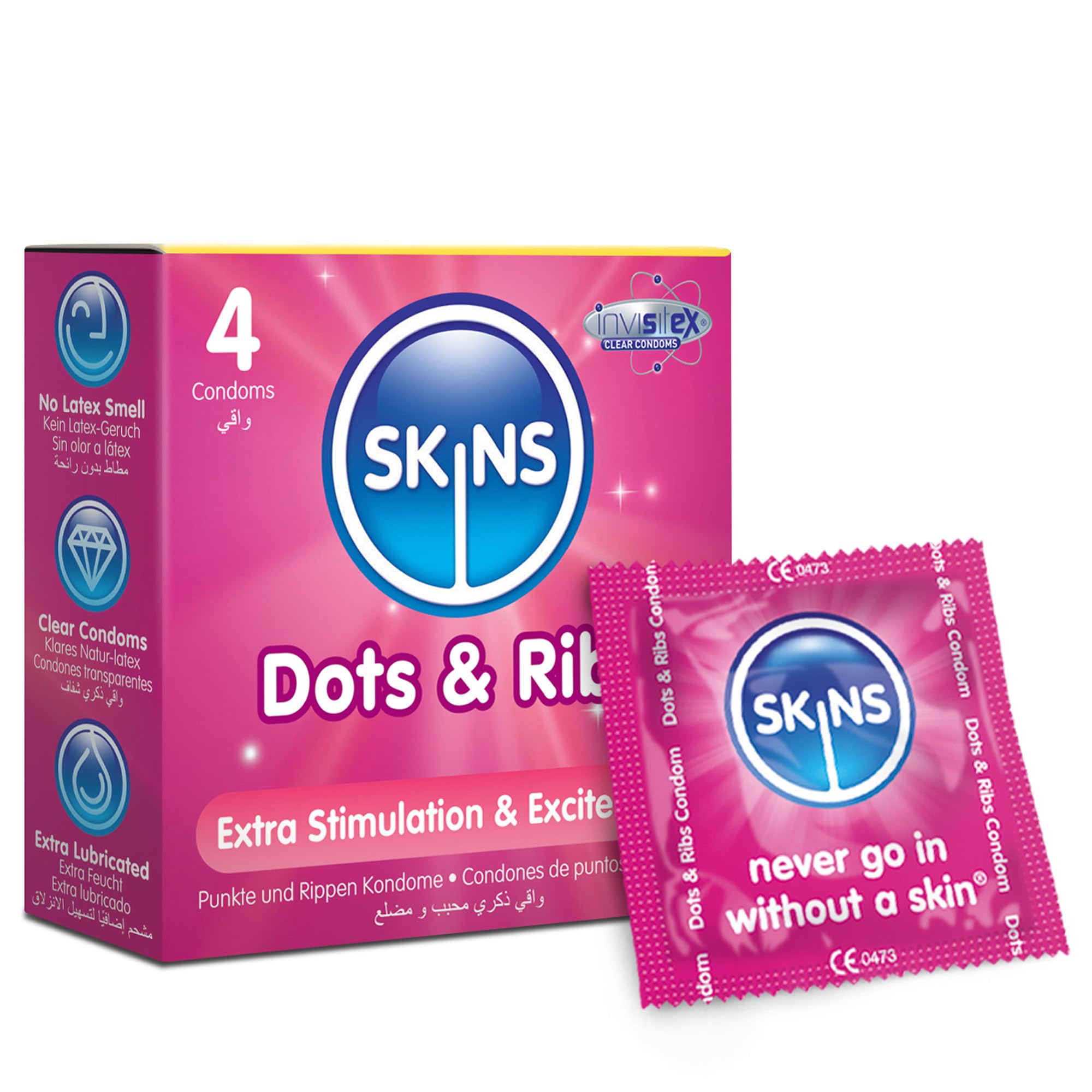 Skins Dots & Ribs Condoms 4 Pack - Ribbed and Dotted Condoms for Enhanced Pleasure - Extra Lubricated, Clear Sexual Contraception with Natural Feel with No Latex Smell