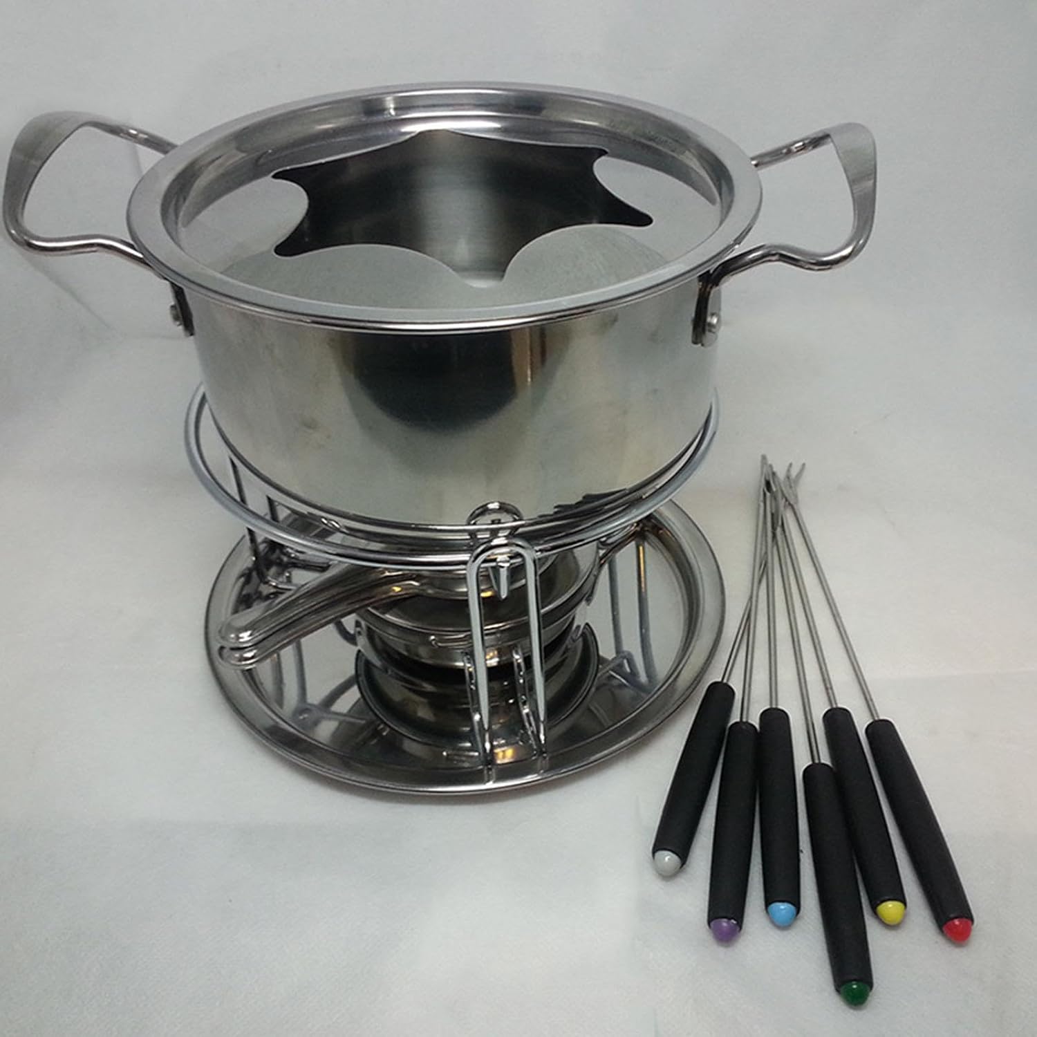Generic Fondue Pot Set Fondue Pot Multipurpoise Outdoor Camping Holiday with 6 Sticks Stainless Steel Chocolate Cheese Fondue Pot, 25x20x20cm, as shwon