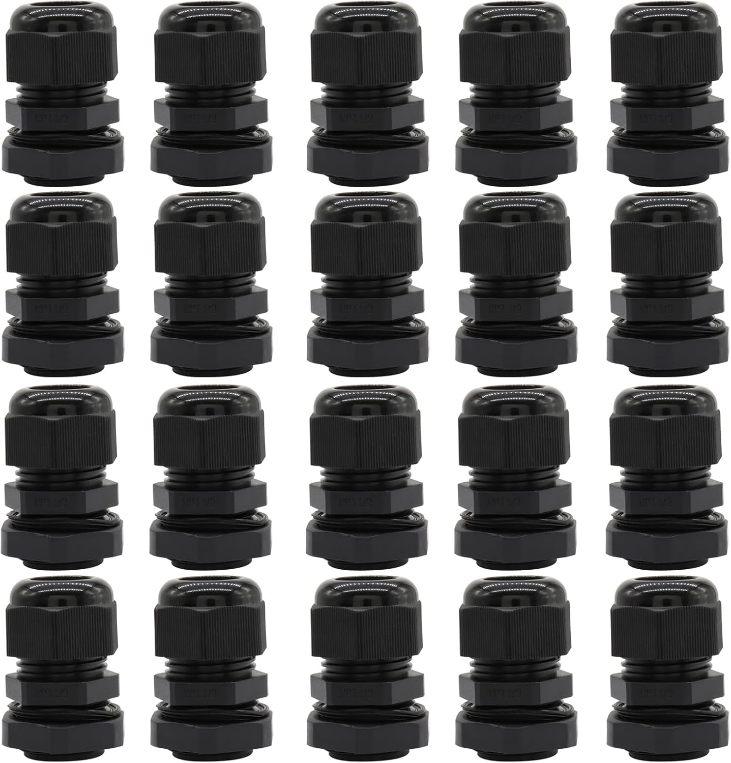 1/2" NPT Cable Glands, Black Nylon Waterproof Adjustable Power Strain Relief Cord Grips, Junction Box Wire Pannel Gland Joints Connectors with Gaskets and Locknut - 6Pcs