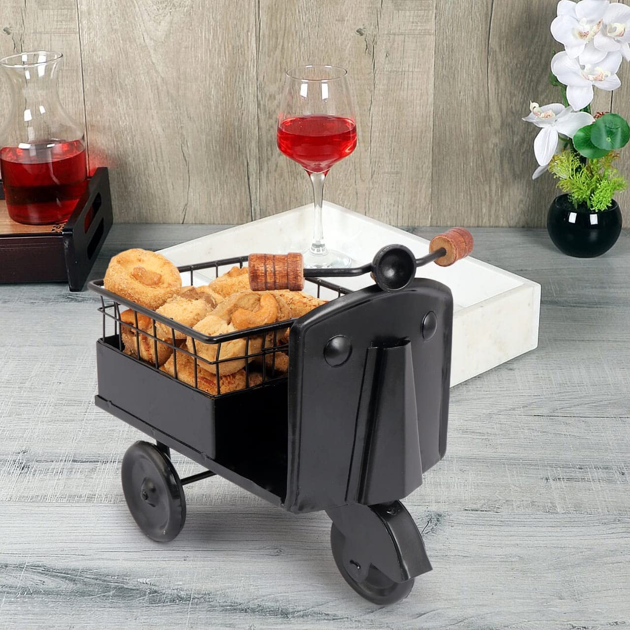 BOGEN LITE Iron Scoter Wala Shape Platter Trolley for Kitchen/Dinning Table Serving Platter (Black)