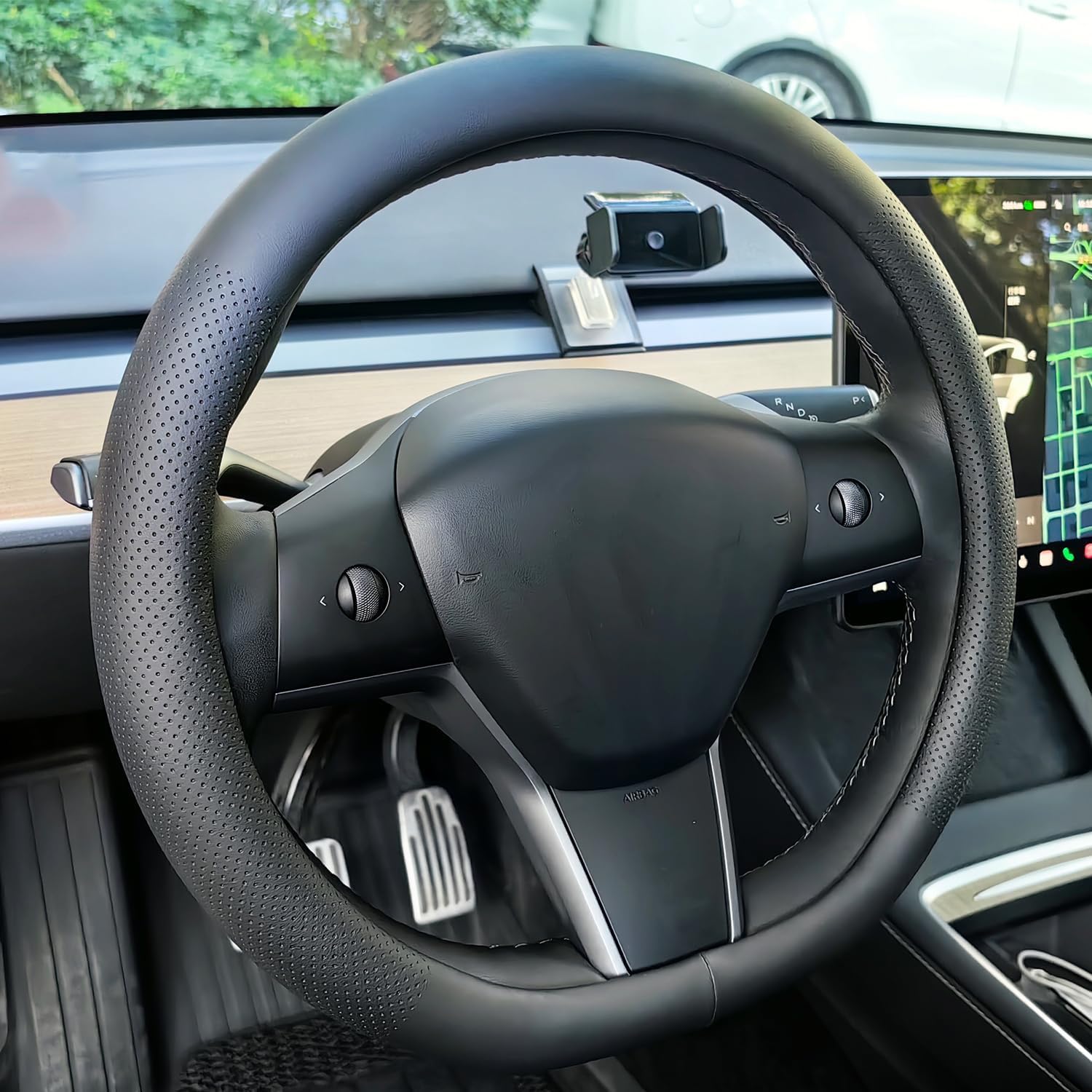 XHRING D-Shaped Car Steering Wheel Cover for Tesla Model Y Model 3 2016-2025 2026 Juniper/Highland Accessories, Non-Slip Leather Steering Wheel Protector for Model 3/Y, Black