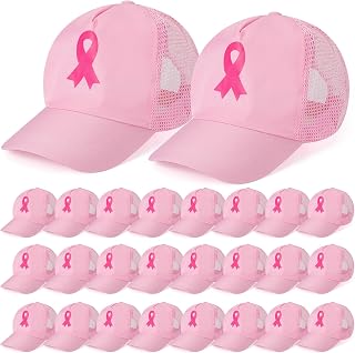 24 Pcs Breast Cancer Awareness Hats Bulk Pink Ribbon Baseball Caps Adjustable Golf Women Hat Mesh Hats for Women Girls Breast Cancer Awareness Party Gifts