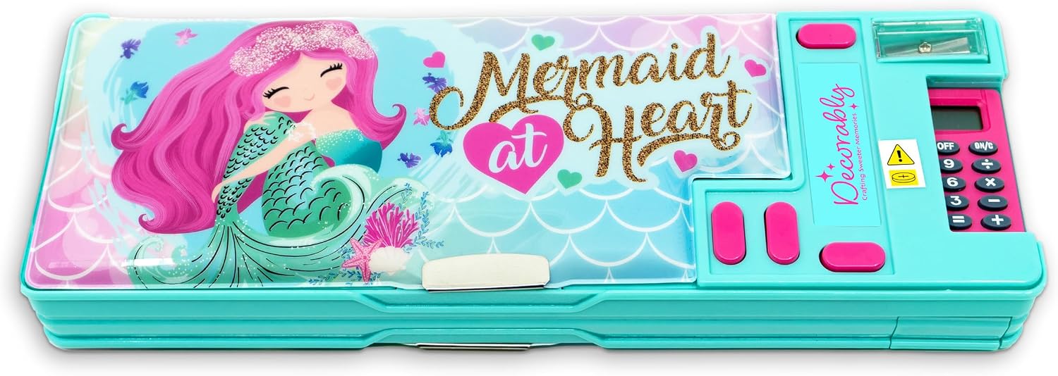 Decorably Pop Up Multifunction Mermaid Pencil Case for Girls, with Calculator, Sharpener, Pen Slots, Mini Drawer and 2 Main Compartments with Magnetic Closure - Back to School Gift for Kids