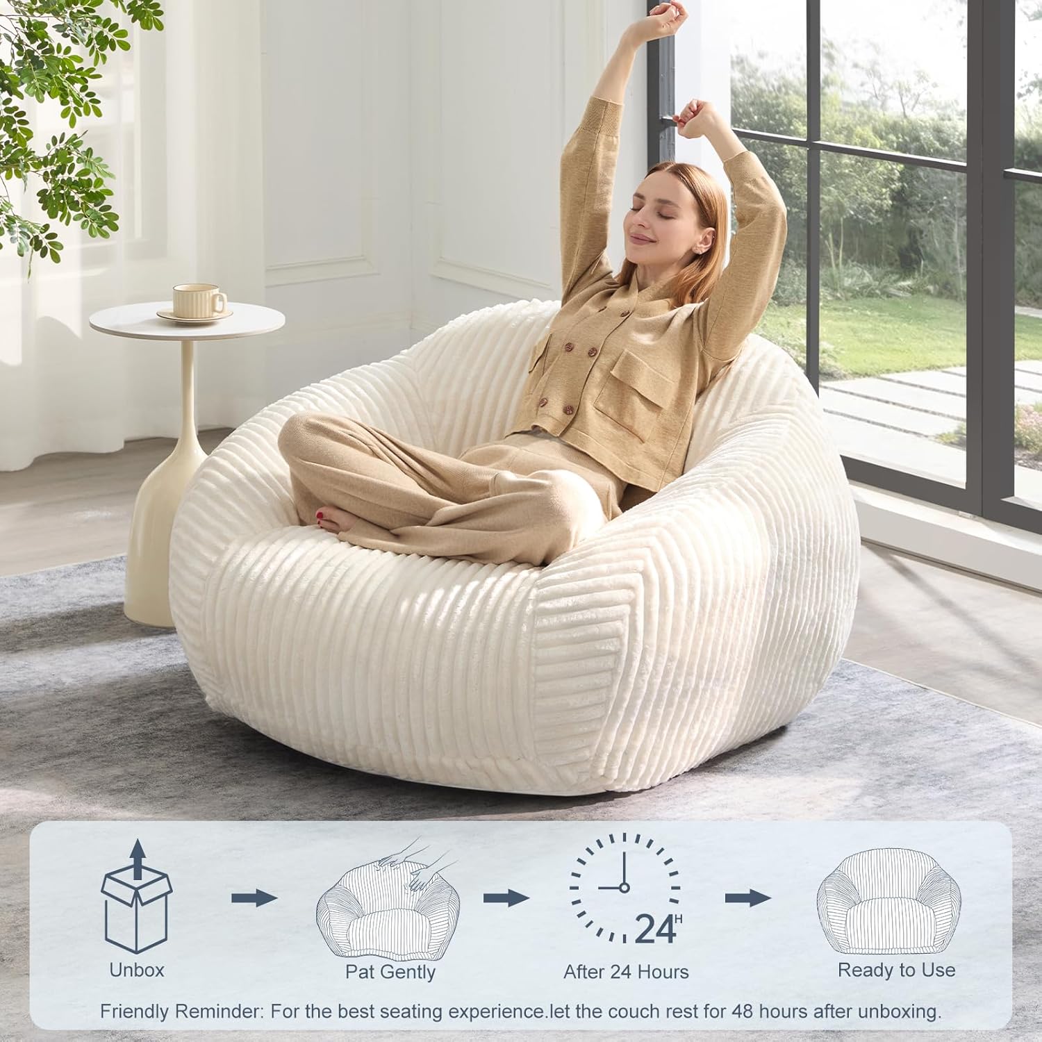 HUGHEAVEN Giant Bean Bag Chair for Adults & Kids, Comfy Big Bean Bag Couch with Armrests, Cozy Large Reading Chair with Back Support, Oversized Sofa for Bedroom, Living Room or Lounge, Beige