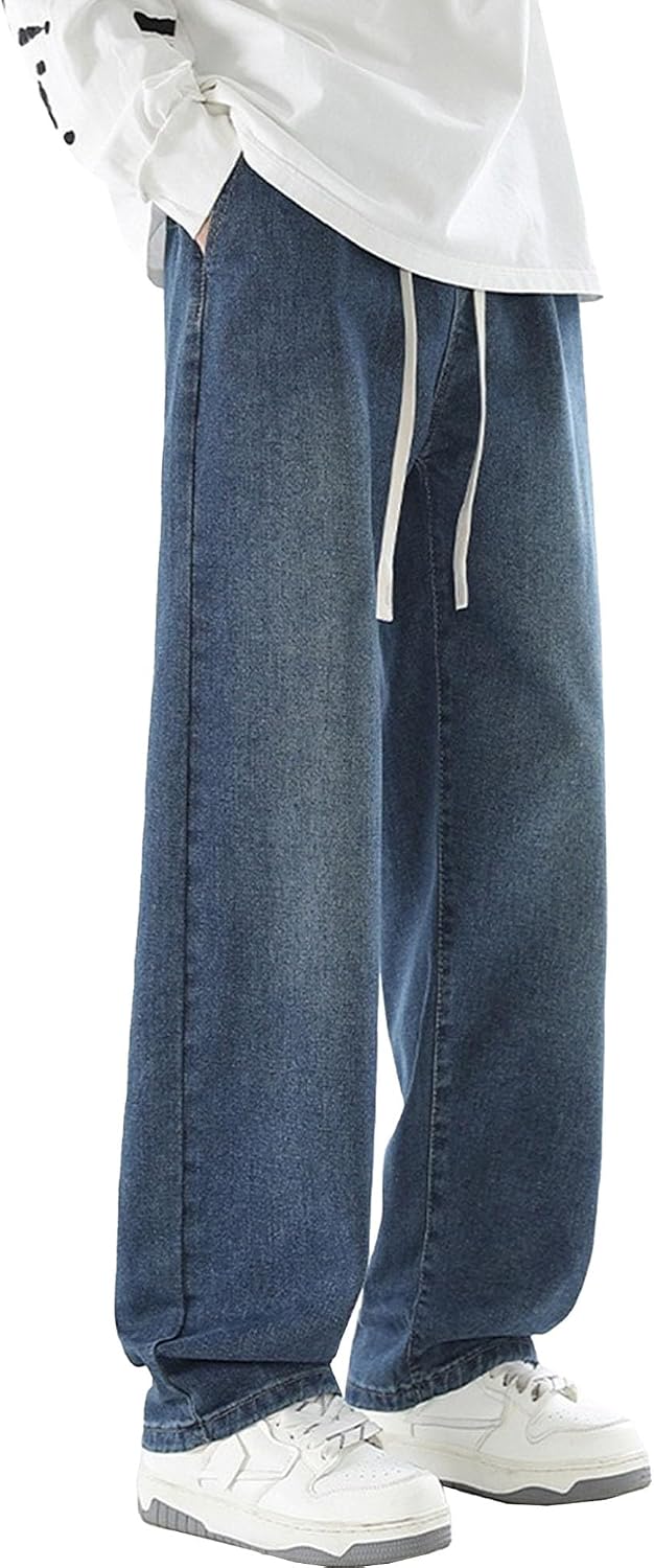 Men Loose Drawstring Wide Leg Denim Pant Casual Wash Straight Jeans for Daily Wear Y2K Classic Regular Fit Trousers