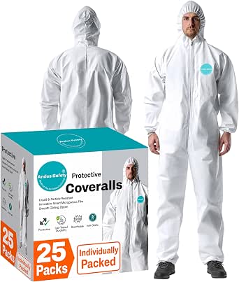 Andes 25 Individual Pack Hazmat Suits, Disposable Protective Coveralls