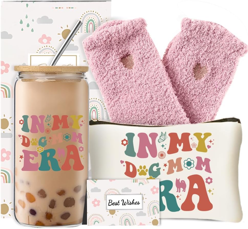 Best Dog Mom Gifts for Women, Dog Themed Gifts Set with Glass Cup, Funny Birthday Christmas Mother’s Day Gift Idea for Dog Lovers Owners