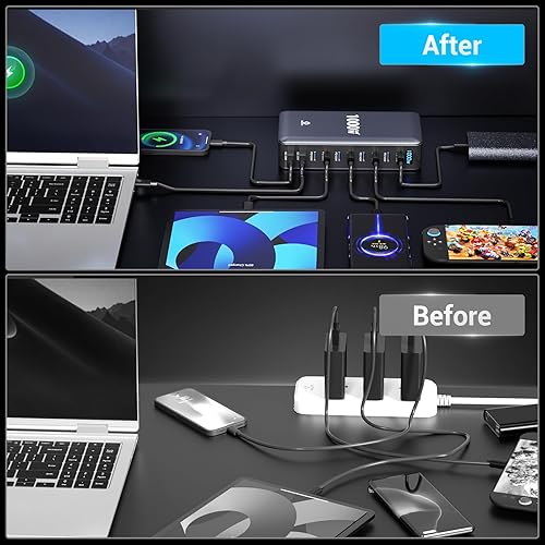 Miniatura 6 de Estación de carga USB C de 1000 W para múltiples dispositivos, adaptador de carga USB de 10 puertos PD 140 W GaN Cargador USB rápido para MacBook,