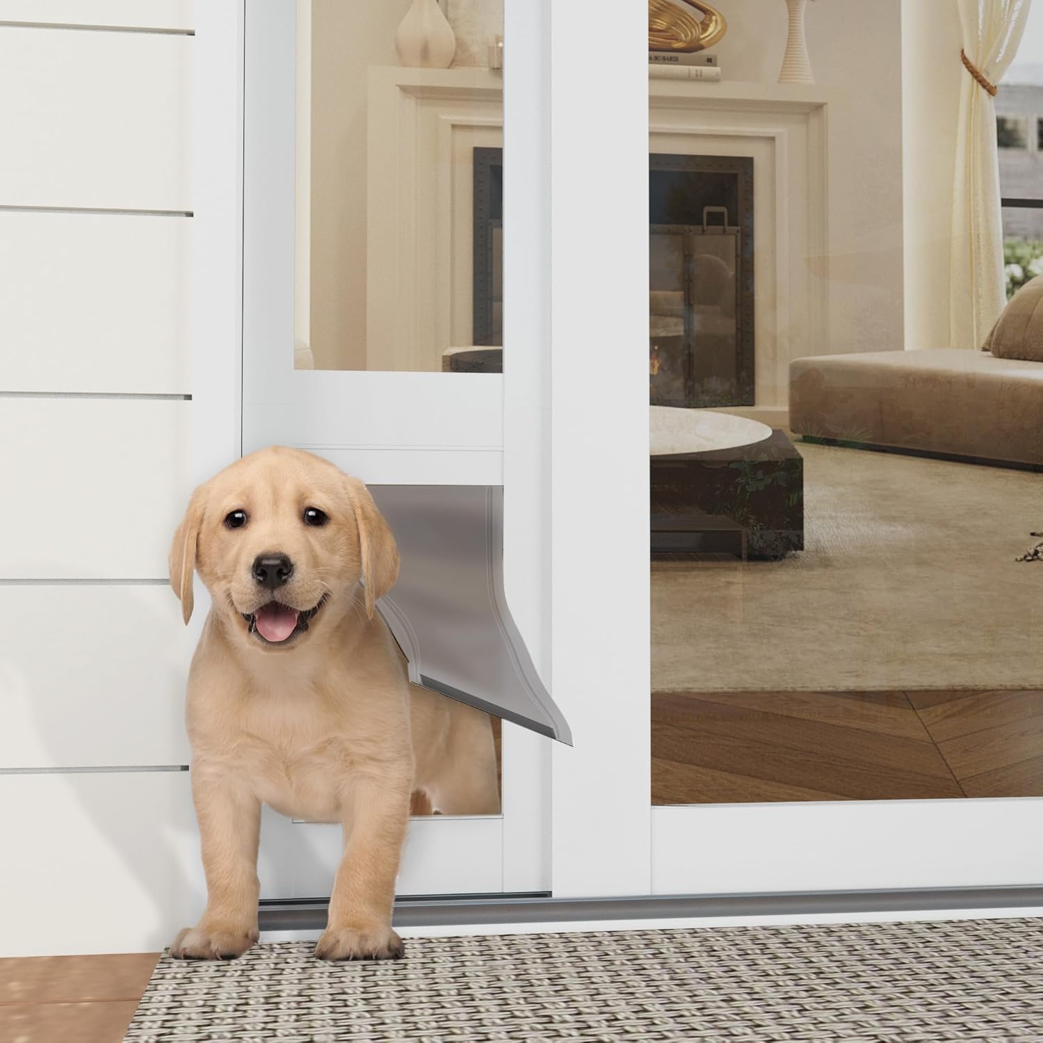 Doggie Door for Sliding Glass Door, 76 1/8" to 80 7/8" Adjustable Height No-Drill Pet Door Insert with Reinforced Dual Security Locks, 07" x 11" Brown Flap for Small Dogs, White