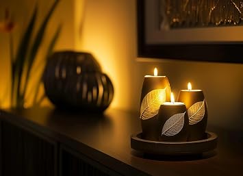 IYARA CRAFT Candle Holder Set with Tray 3 Handmade Wood Tealight Holders, Black Leaf Design, Winter Home Decor, Spa-Inspired Holiday Centerpiece & Elegant for Women, Mom, Housewarming