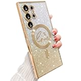 ZONRW for Samsung Galaxy S24 Ultra Case Magnetic,for Women Girl Soft Cute Luxury Love Heart Plating Bling Gradient Glitter Clear Phone Case Compatible with MagSafe Shockproof Back Cover 6.8”-Gold