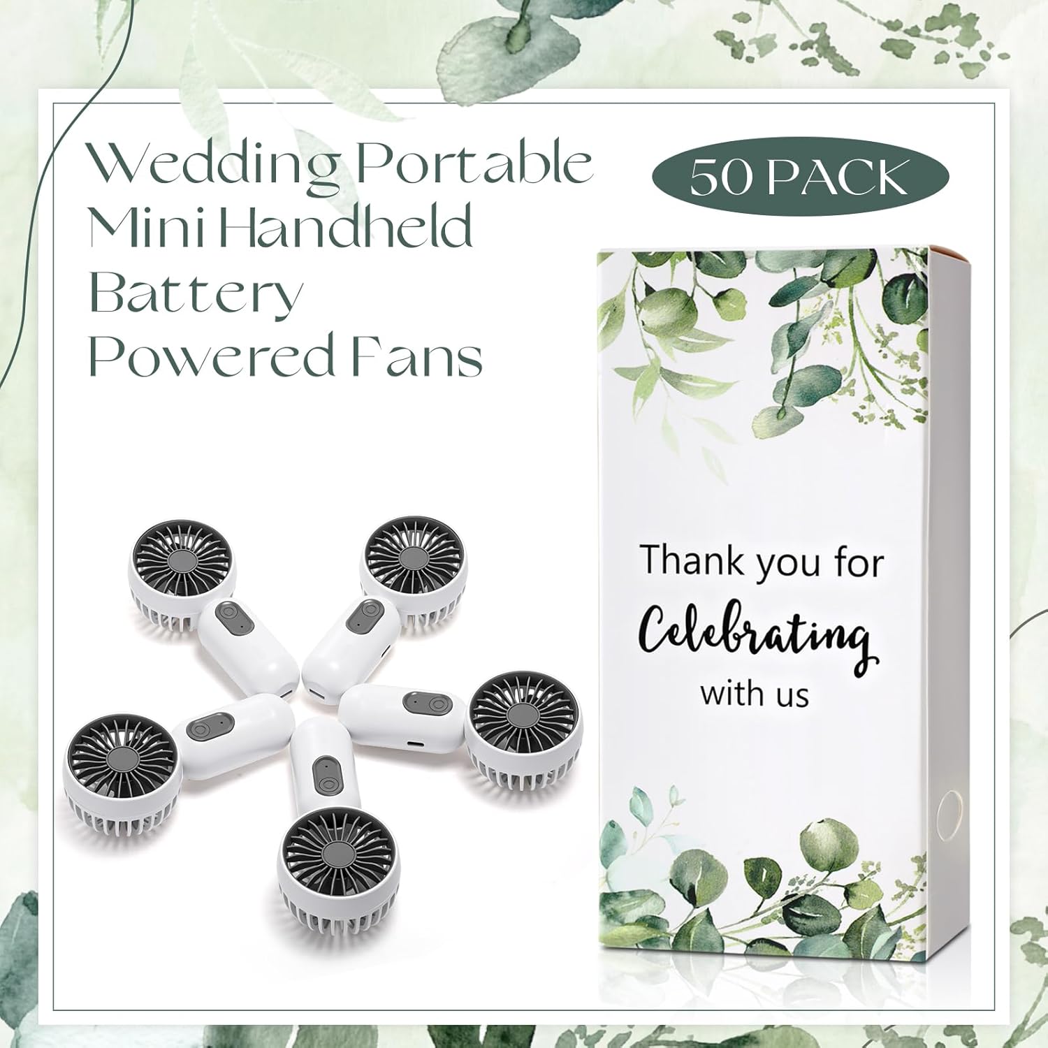 Retisee 50 Pack Wedding Portable Mini Handheld Battery Powered Fans Gift for Guests Thank You USB Small Personal Fan with 3 Speeds for Summer Bridal Shower Party Favor(Leaf,White)