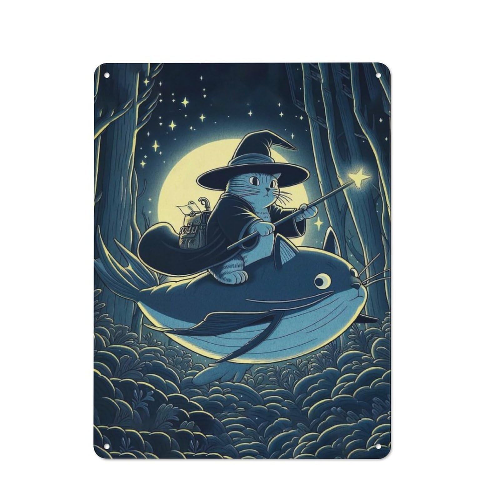 Junmoney Cat Wizard Riding Whale In Forest Vintage Tin Sign 40X30cm With For Living Room Or Hallway, For Living Room Decor Lovers