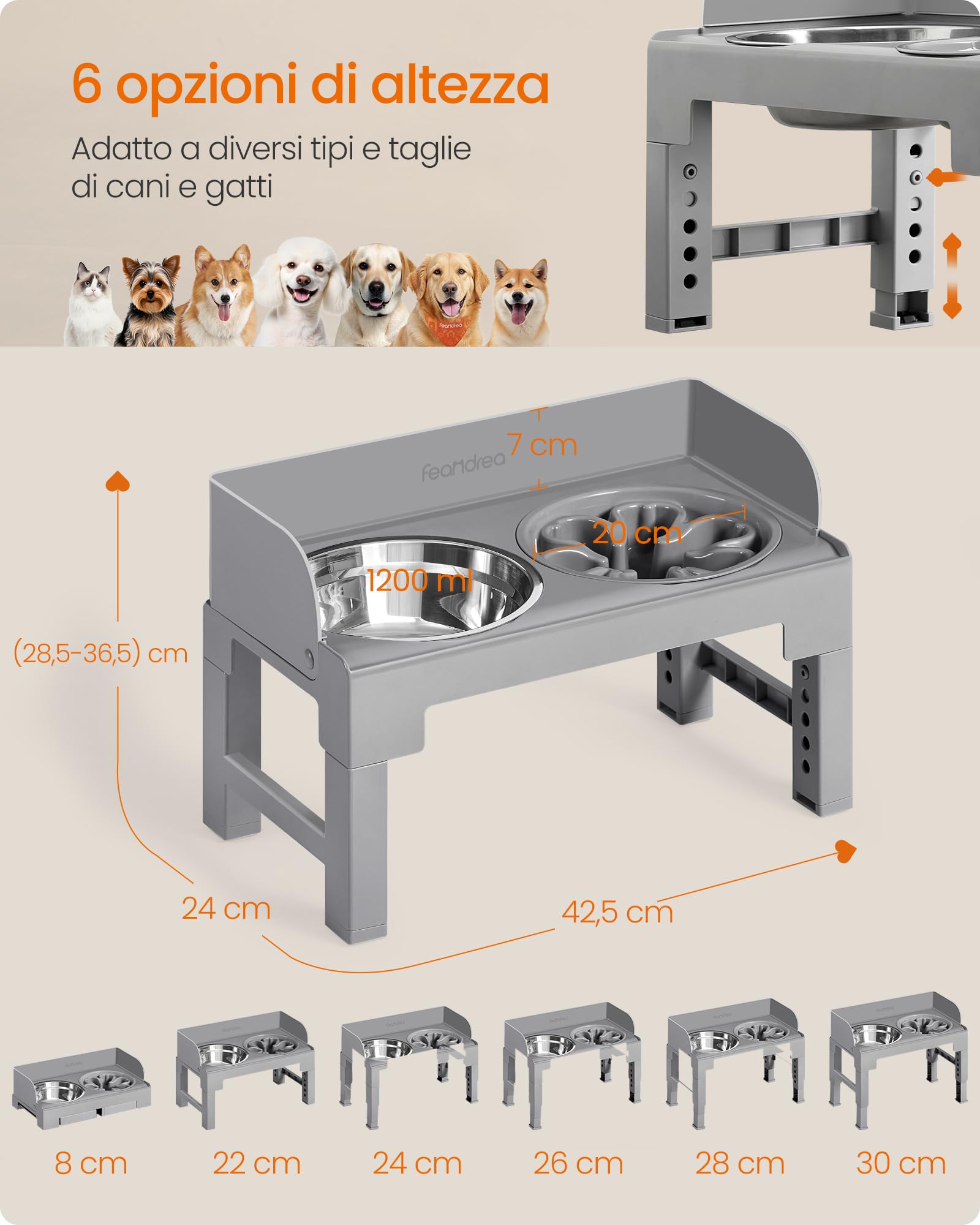 Feandrea Ciotole Rialzate per Cani, Supporto Regolabile con 1 Ciotola Slow Feeder e 2 Ciotole in Acciaio Inox 304, Altezza e Inclinazione Regolabili, Grigio Tortora PRB103GD01