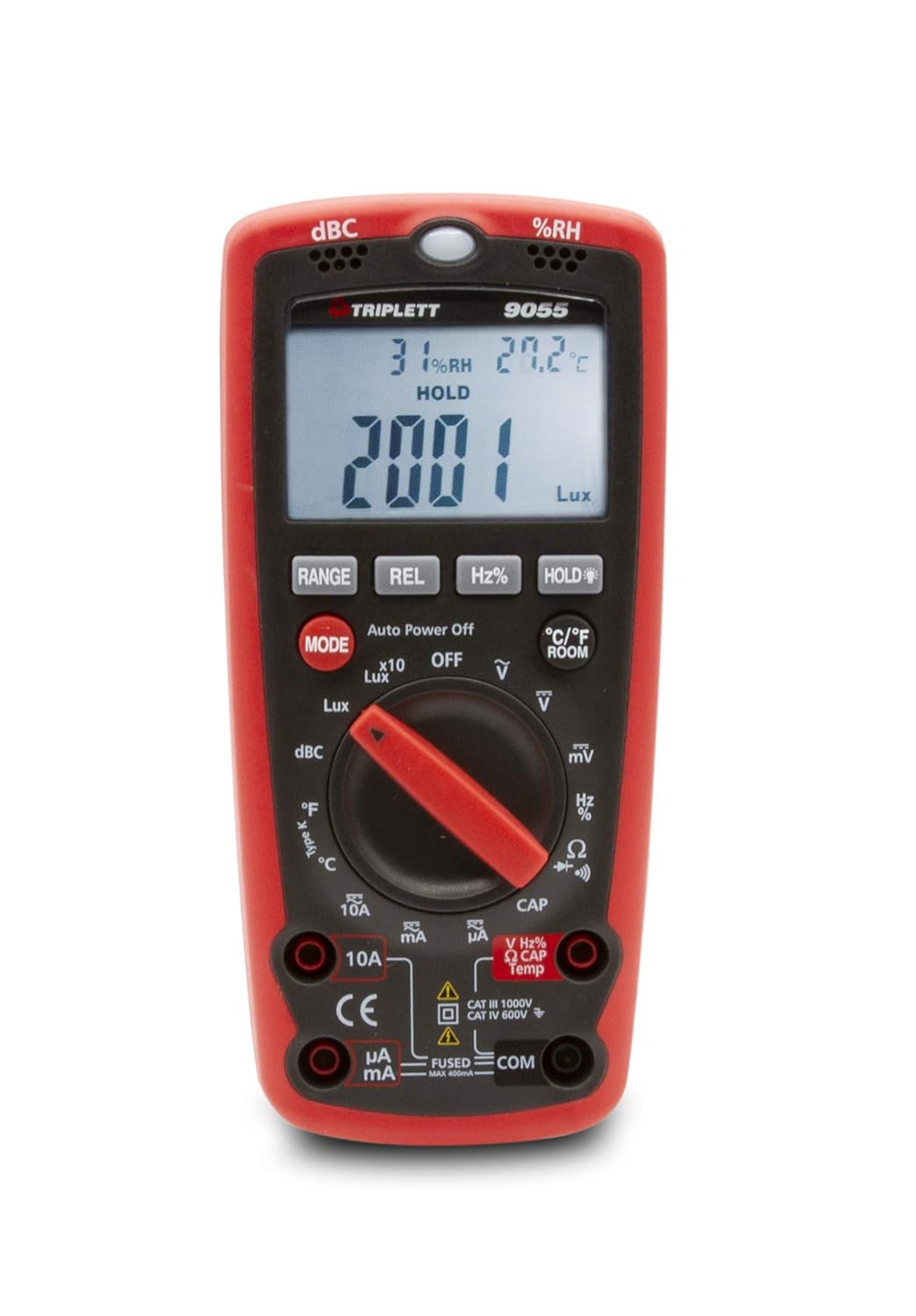 Triplett 9055 6-in-1 4000 Digital Multimeter and Multi-Tester - Sound, Light, Humidity, Temperature, AC/DC Voltage and Current, Resistance, Continuity, Diode Test, Capacitance, Frequency, Duty Cycle
