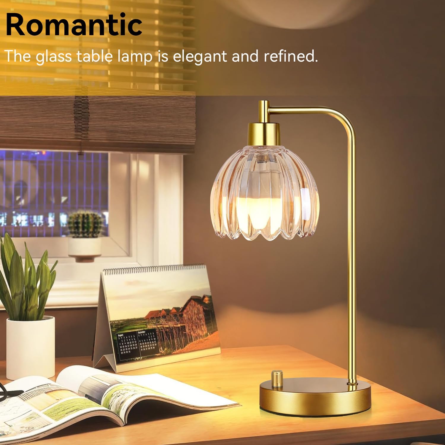 Glass Table Lamp Set of 2,Small Gold Bedside Lamps Dimmable Boho Bedroom Lamp with Tulip Flower Amber Lamp Shade,Vintage Mid Century Modern Mini Nightstand Lamp for Bedroom Living Room