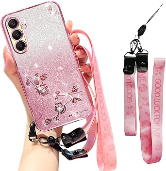 for Samsung Galaxy A56 5G Case Glitter with Crossbody Lanyard for Women, Bling Sparkle Flowers Floral Soft TPU Clear Cover with Shoulder Strap Wristband for Samsung Galaxy A56 YSS Pink