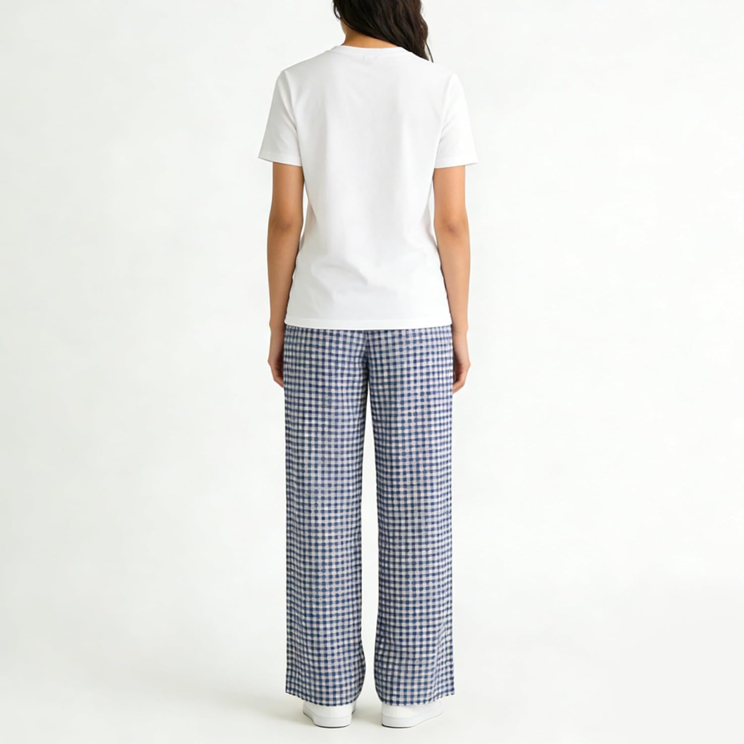 Women Gingham Pants Cotton Linen Wide Leg Drawstring Plaid Elastic Waist Lounge Casual Loose Straight Trousers