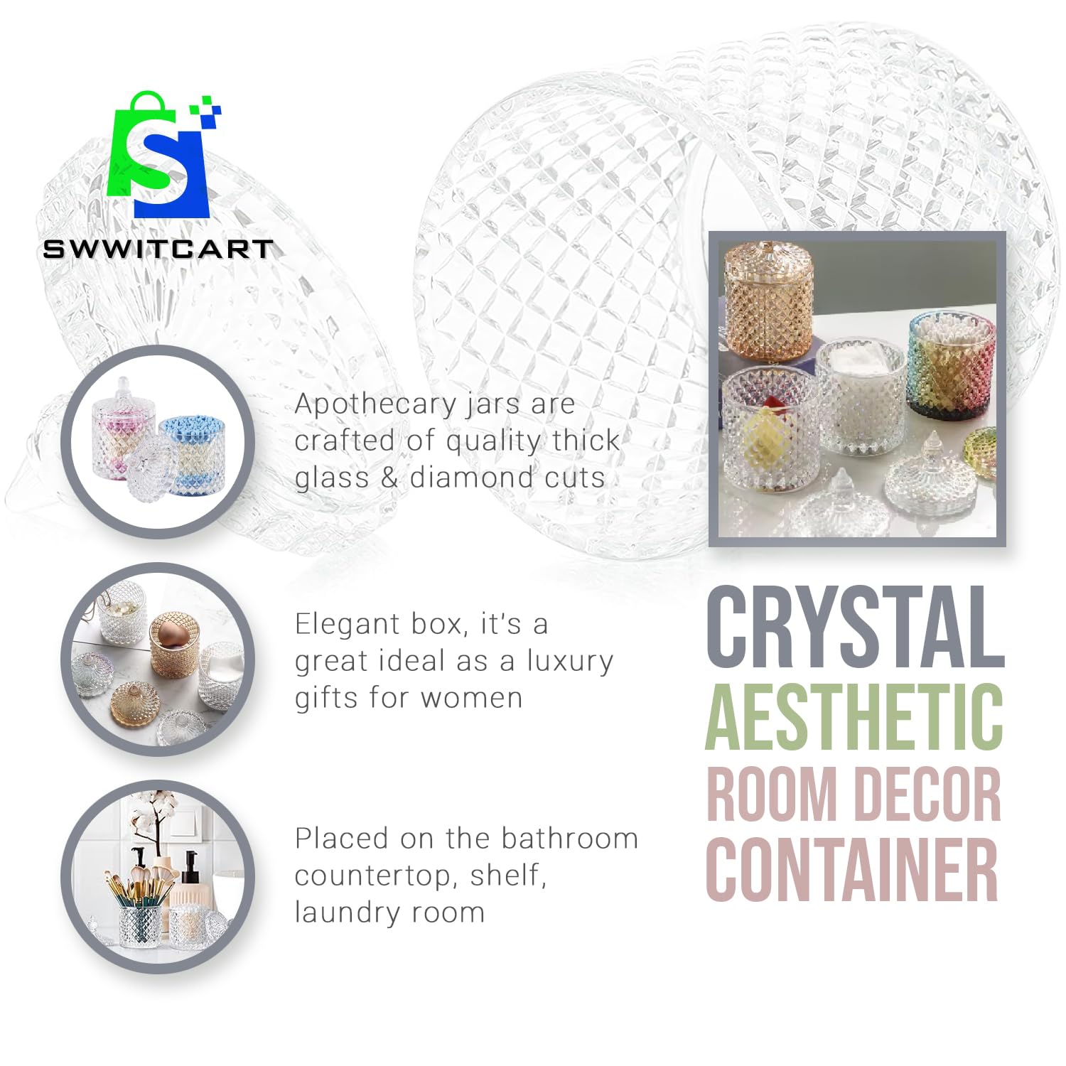 SWWITCART 2 Pack Qtip Holder Cotton Round Ball Holder Set, Apothecary Jars Glass Bathroom Storage jars with Lids for Bathroom Decor, Qtip Dispenser for Cotton Swab,Cutip,Cotton Pad 2