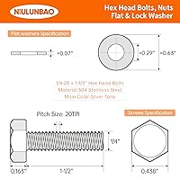 Vista 2 de Tornillos de cabeza hexagonal de 1/4-20 x 1-1/2 pulgadas, tornillos, tuercas, arandelas planas y de bloqueo, kit surtido de acero inoxidable 304