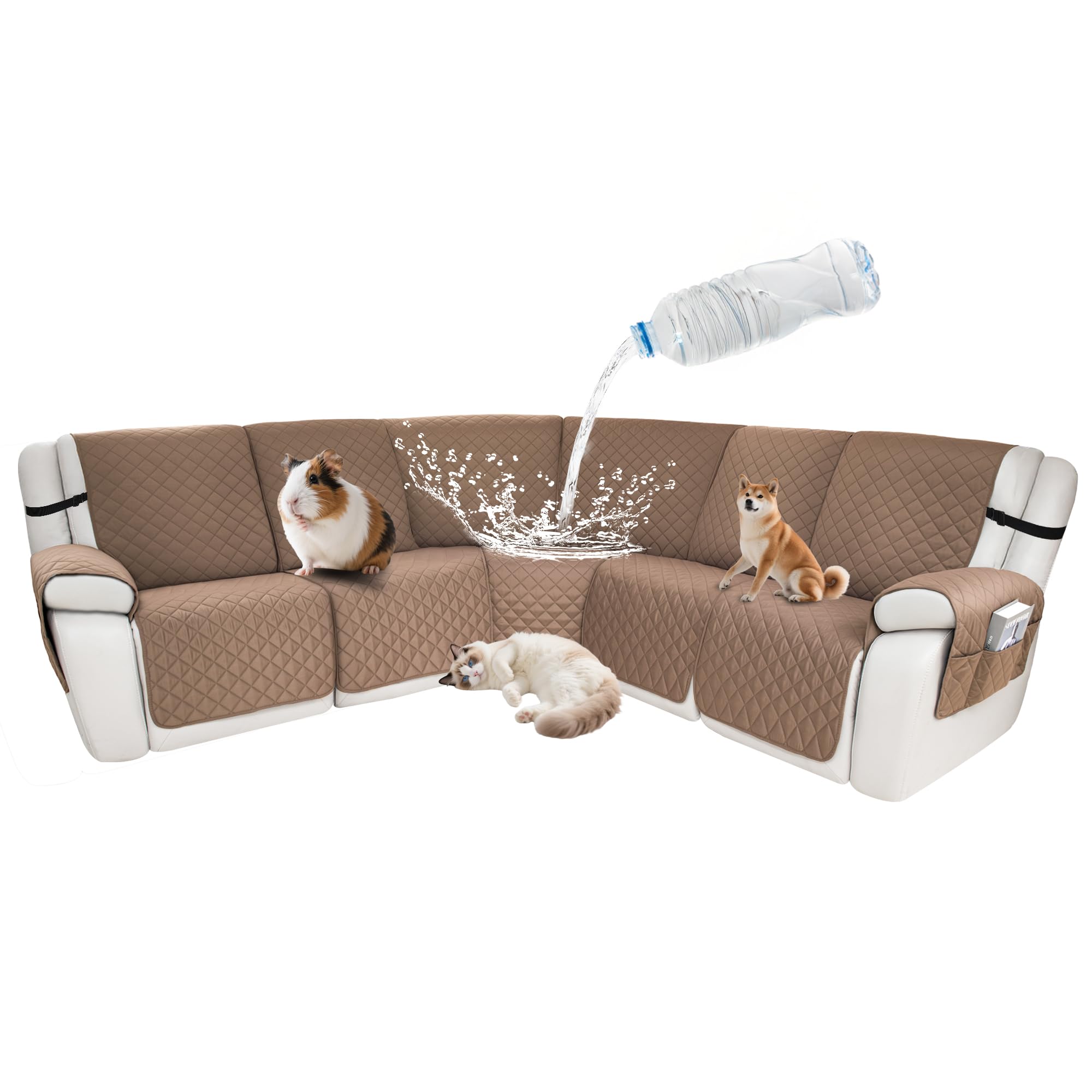 Waterproof Sectional Reclining Couch Covers L Shaped Recliner Sectional Sofa Cover 7 Piece Non Slip Washable Corner Recliner Slipcover Set for Pet Dog (5 Seater Cover, Latte Coffee)