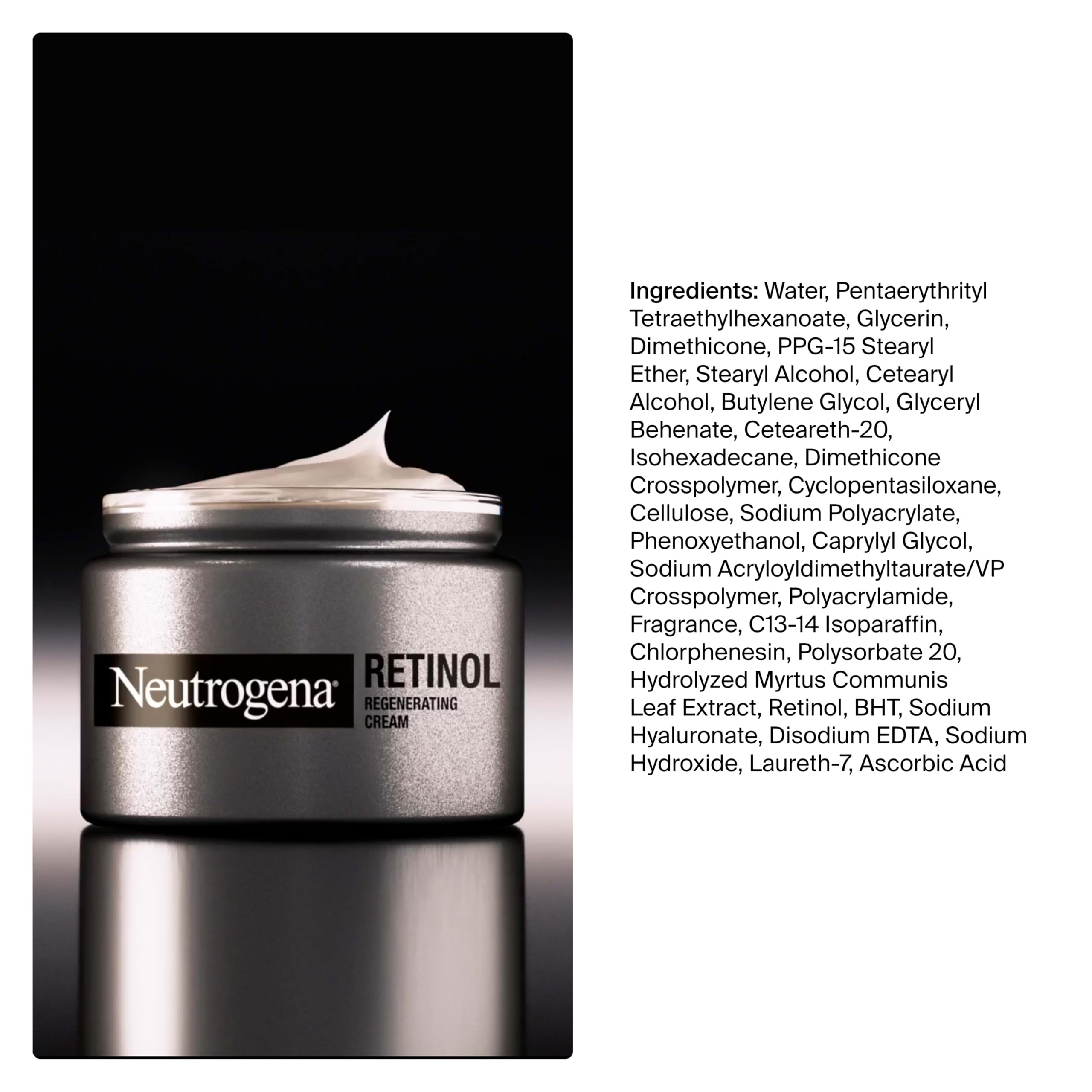 Neutrogena Crema regeneradora de acción rápida para cara y cuello con retinol y ácido hialurónico antiarrugas, 48 g
