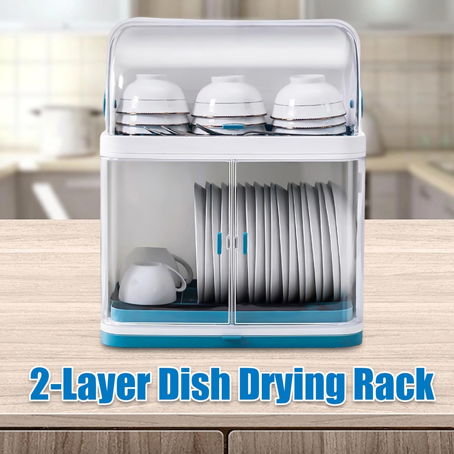 Dish Drying Rack, 2-Layer Kitchen Dish Rack, ish Drying Drainer with Cover, Double Drain Shelf, Dish Strainer Shelf for Dish, Knifes, Cup, Cutting Board