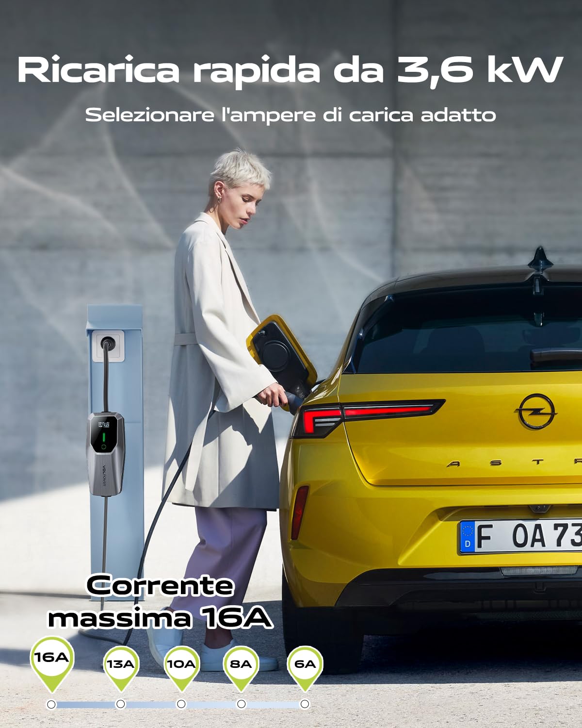 Cavo Ricarica Auto Elettrica Tipo 2, 5M Caricatore EV 3,6 kW, Colonnina Ricarica Auto Elettrica, Caricatore per Veicoli Elettrici, 16A con monofase EU Schuko, IP65 (IEC 62196-2)
