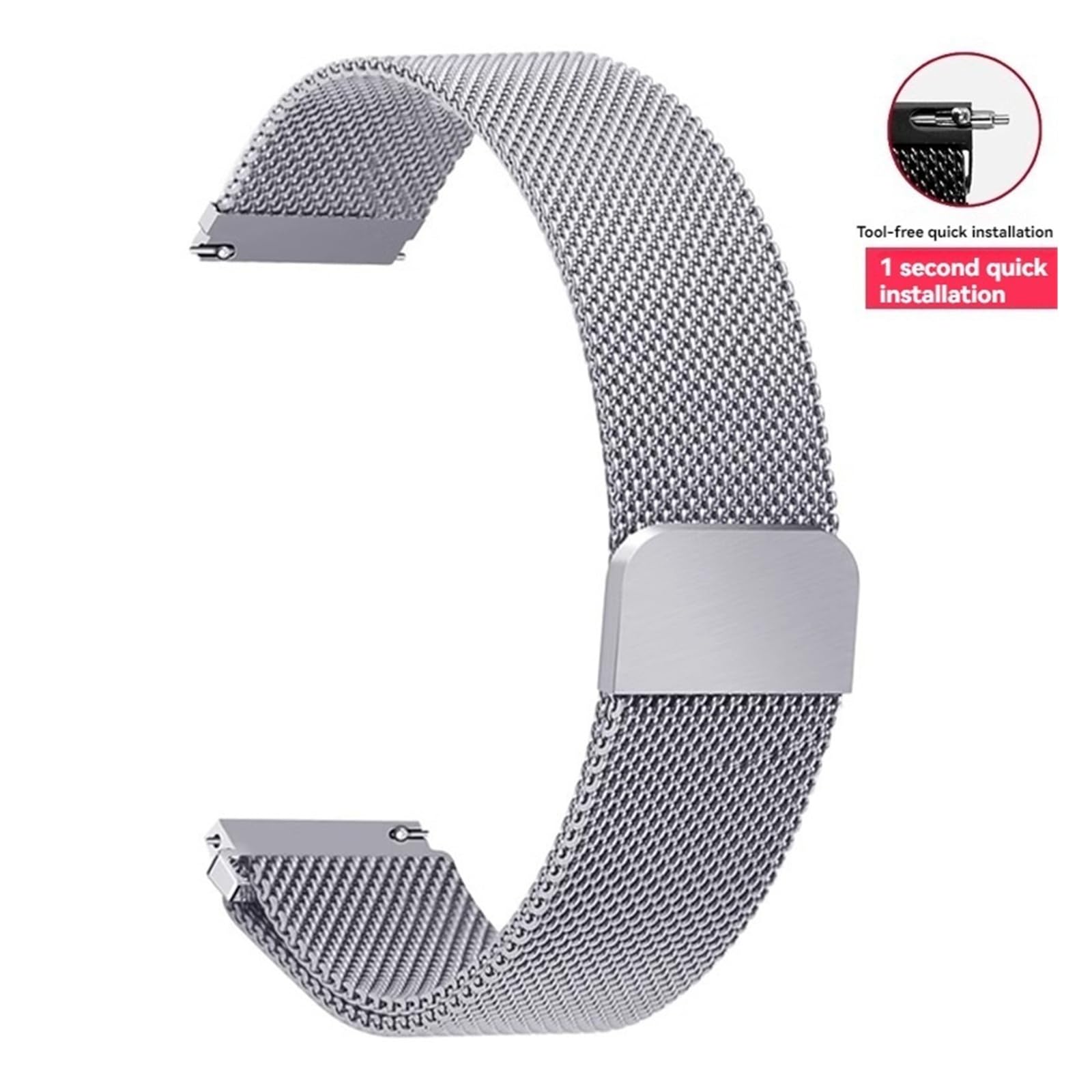 Bracelet de montre magnétique milanais en acier inoxydable à libération rapide pour DW Longines Casio Tissot Huawei Garmin Samsung Argenté 22 mm de large