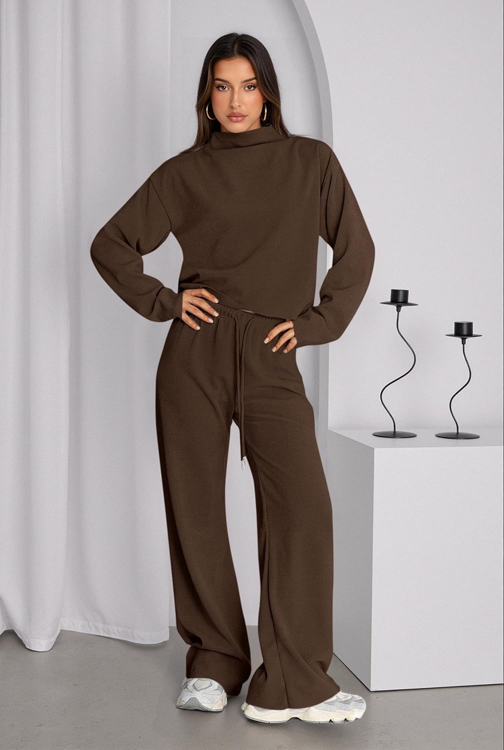PRETTYGARDEN Women Spring Sweatsuits Two Piece Sets Mock Neck Long Sleeve Knit Tops Wide Leg Pants Lounge Set Travel Outfits - Image 3