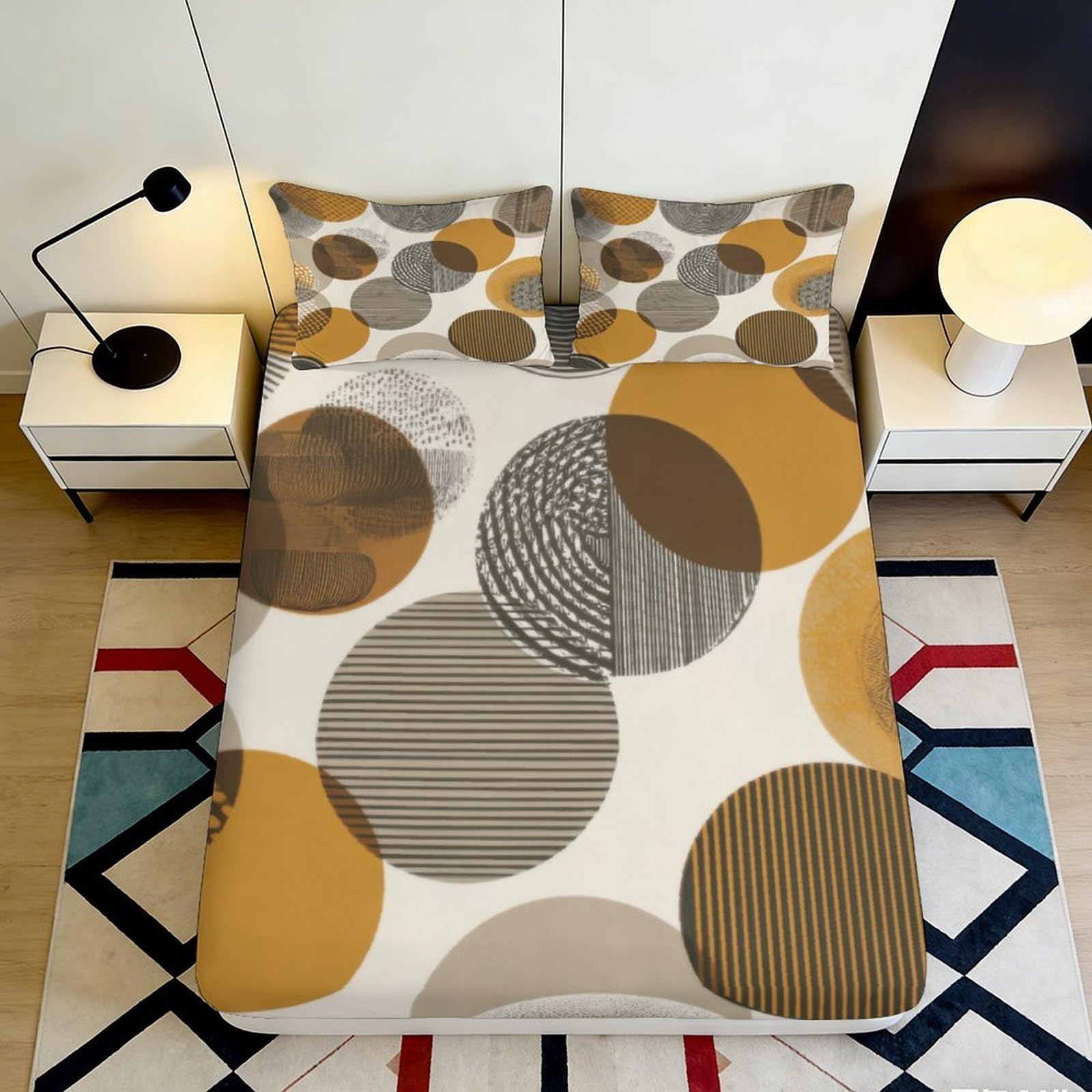 3D Printed Abstract Circles Fitted Sheet Microfiber Soft Breathable Geometric Bed Cover for Bedroom Dormitory Guest Room Mattress Protection 90x200x25cm