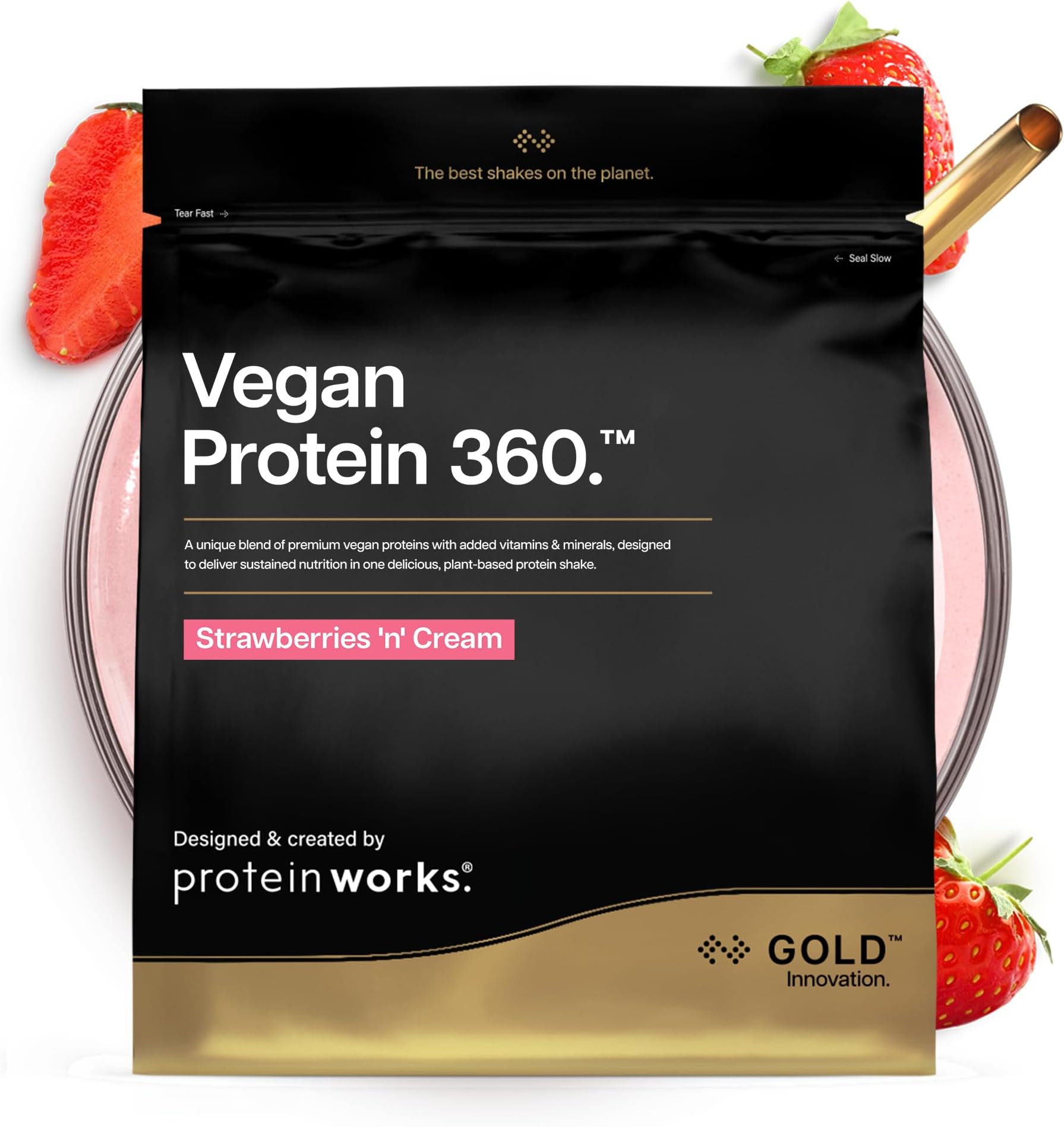Protein Works | Vegan Protein 360 - Gold Innovation, Strawberries 'n' Cream, 66 Servings, 100% Plant Based & Natural, Premium Multi-Protein Blend, Low Fat Shake, Low Calorie Shake, 2kg