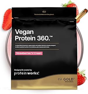 Protein Works | Vegan Protein 360 - Gold Innovation, Strawberries 'n' Cream, 16 Servings, 100% Plant Based & Natural, Premium Multi-Protein Blend, Low Fat Shake, Low Calorie Shake, 500g
